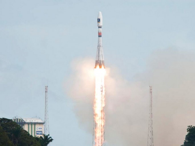 Um 14:27 startete die Sojus-Rakete mit den beiden Galileo-Satelliten. (Bild: ESA)